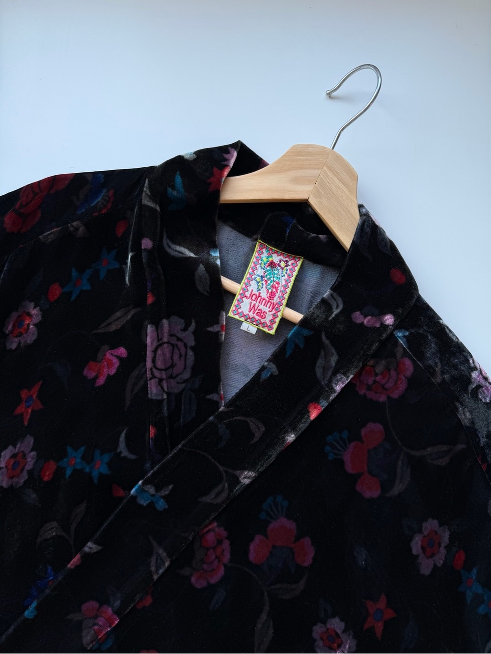 Johnny Was Black Velvet Floral Robe Rayon Silk Blend
